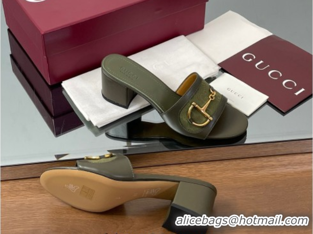 Best Product Gucci Heel Slides Sandal 5.5cm in GG Canvas and Lambskin with Horsebit Green 0609085