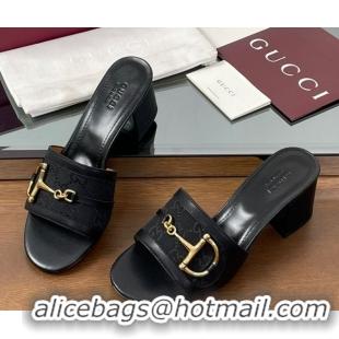 Shop Duplicate Gucci Heel Slides Sandal 5.5cm in GG Canvas and Lambskin with Horsebit Black 0609086
