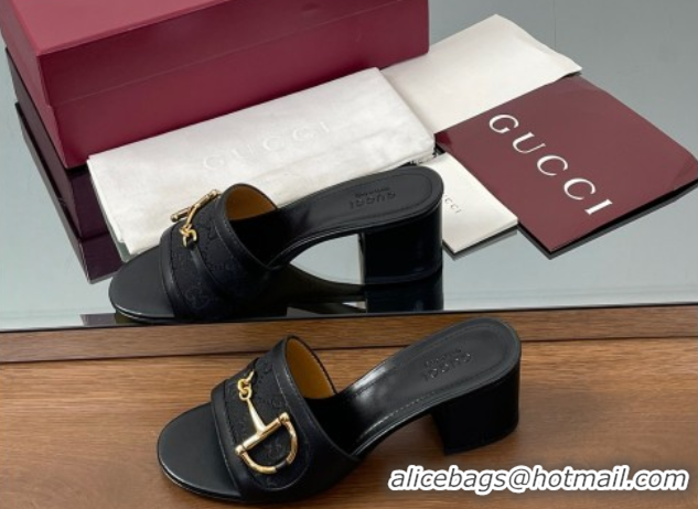 Shop Duplicate Gucci Heel Slides Sandal 5.5cm in GG Canvas and Lambskin with Horsebit Black 0609086