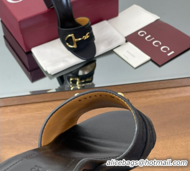 Shop Duplicate Gucci Heel Slides Sandal 5.5cm in GG Canvas and Lambskin with Horsebit Black 0609086