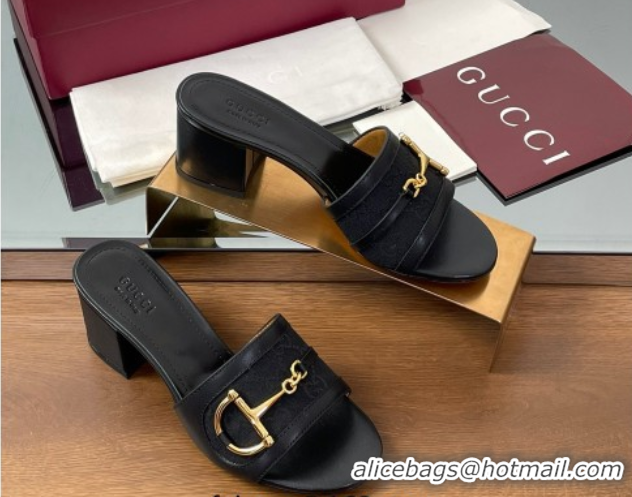 Shop Duplicate Gucci Heel Slides Sandal 5.5cm in GG Canvas and Lambskin with Horsebit Black 0609086