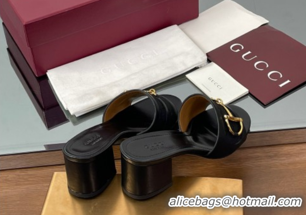 Shop Duplicate Gucci Heel Slides Sandal 5.5cm in GG Canvas and Lambskin with Horsebit Black 0609086