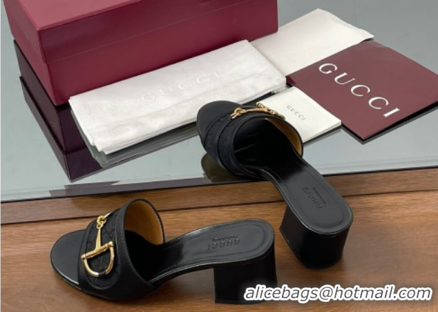 Shop Duplicate Gucci Heel Slides Sandal 5.5cm in GG Canvas and Lambskin with Horsebit Black 0609086