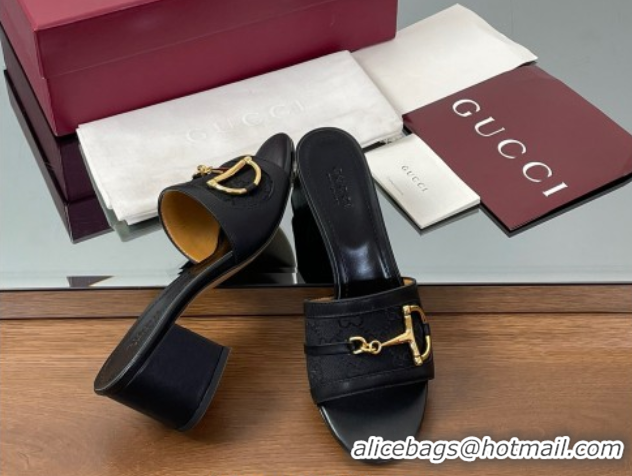 Shop Duplicate Gucci Heel Slides Sandal 5.5cm in GG Canvas and Lambskin with Horsebit Black 0609086