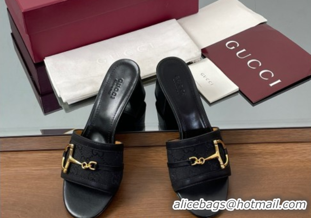 Shop Duplicate Gucci Heel Slides Sandal 5.5cm in GG Canvas and Lambskin with Horsebit Black 0609086