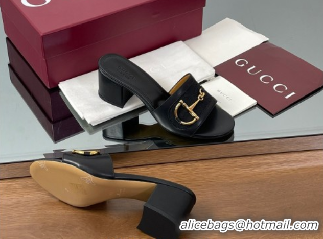 Shop Duplicate Gucci Heel Slides Sandal 5.5cm in GG Canvas and Lambskin with Horsebit Black 0609086