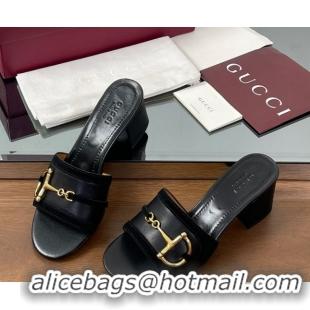 Stylish Gucci Heel Slides Sandal 5.5cm in Suede Trim and Lambskin with Horsebit Black 0609089