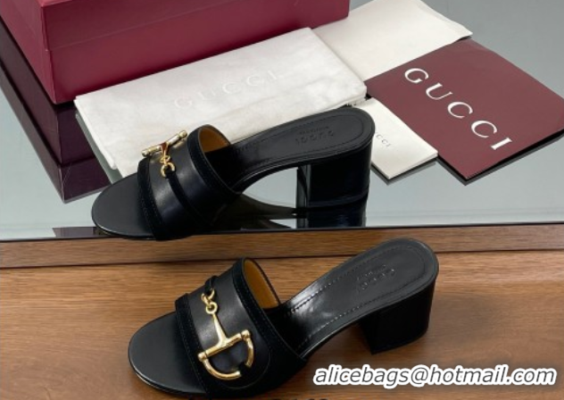Stylish Gucci Heel Slides Sandal 5.5cm in Suede Trim and Lambskin with Horsebit Black 0609089