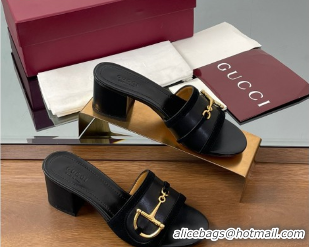 Stylish Gucci Heel Slides Sandal 5.5cm in Suede Trim and Lambskin with Horsebit Black 0609089