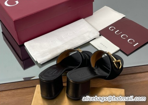 Stylish Gucci Heel Slides Sandal 5.5cm in Suede Trim and Lambskin with Horsebit Black 0609089