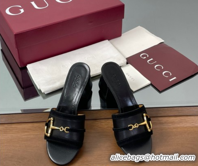 Stylish Gucci Heel Slides Sandal 5.5cm in Suede Trim and Lambskin with Horsebit Black 0609089