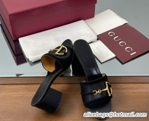 Stylish Gucci Heel Slides Sandal 5.5cm in Suede Trim and Lambskin with Horsebit Black 0609089