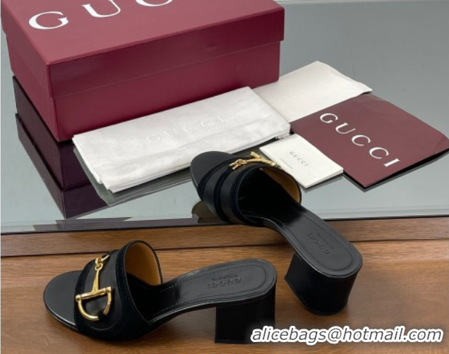 Stylish Gucci Heel Slides Sandal 5.5cm in Suede Trim and Lambskin with Horsebit Black 0609089