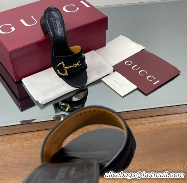 Stylish Gucci Heel Slides Sandal 5.5cm in Suede Trim and Lambskin with Horsebit Black 0609089