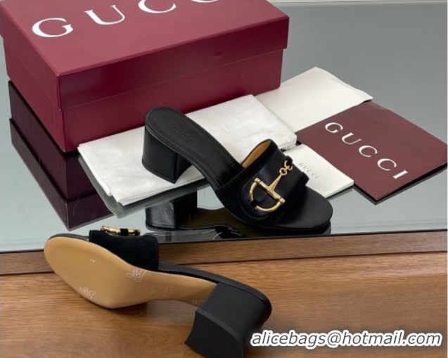 Stylish Gucci Heel Slides Sandal 5.5cm in Suede Trim and Lambskin with Horsebit Black 0609089