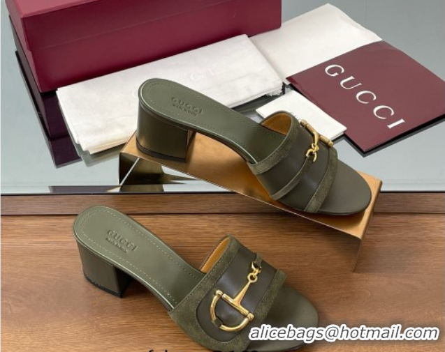 Charming Gucci Heel Slides Sandal 5.5cm in Suede Trim and Lambskin with Horsebit Green 0609090