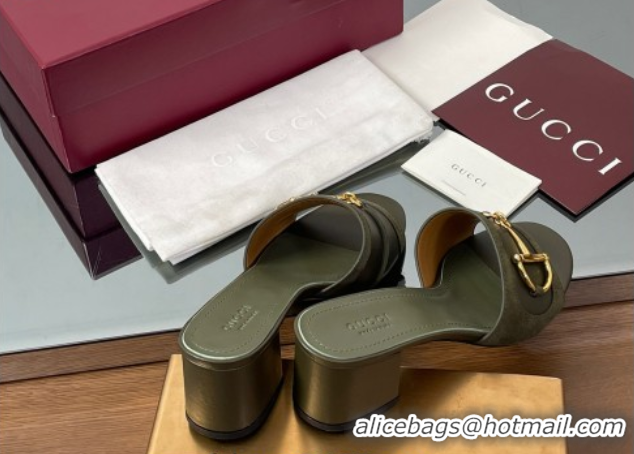 Charming Gucci Heel Slides Sandal 5.5cm in Suede Trim and Lambskin with Horsebit Green 0609090