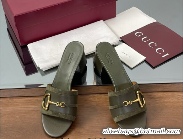Charming Gucci Heel Slides Sandal 5.5cm in Suede Trim and Lambskin with Horsebit Green 0609090