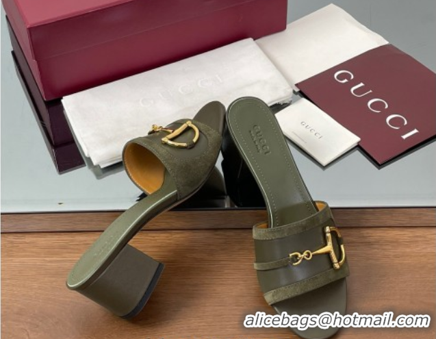 Charming Gucci Heel Slides Sandal 5.5cm in Suede Trim and Lambskin with Horsebit Green 0609090