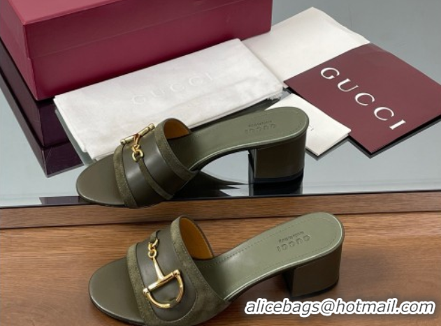 Charming Gucci Heel Slides Sandal 5.5cm in Suede Trim and Lambskin with Horsebit Green 0609090
