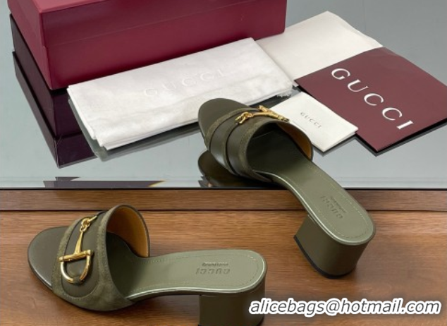 Charming Gucci Heel Slides Sandal 5.5cm in Suede Trim and Lambskin with Horsebit Green 0609090