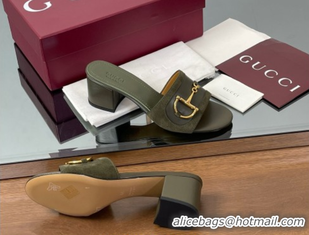 Charming Gucci Heel Slides Sandal 5.5cm in Suede Trim and Lambskin with Horsebit Green 0609090