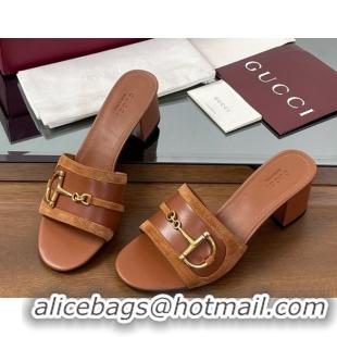 Luxury Cheap Gucci Heel Slides Sandal 5.5cm in Suede Trim and Lambskin with Horsebit Brown 0609091
