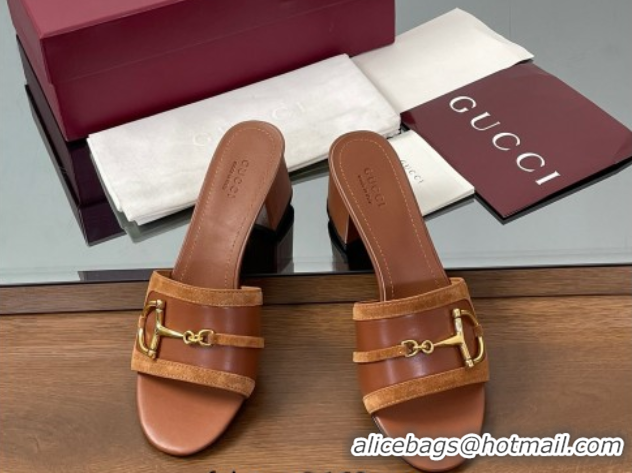 Luxury Cheap Gucci Heel Slides Sandal 5.5cm in Suede Trim and Lambskin with Horsebit Brown 0609091
