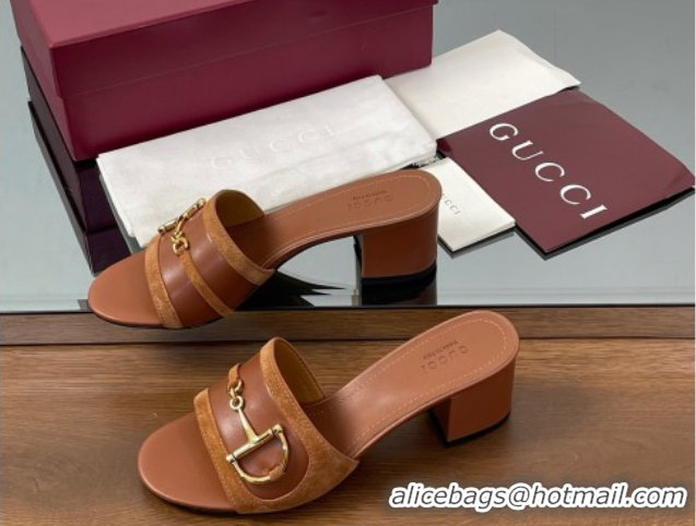 Luxury Cheap Gucci Heel Slides Sandal 5.5cm in Suede Trim and Lambskin with Horsebit Brown 0609091