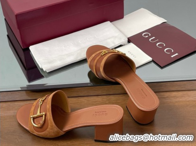 Luxury Cheap Gucci Heel Slides Sandal 5.5cm in Suede Trim and Lambskin with Horsebit Brown 0609091