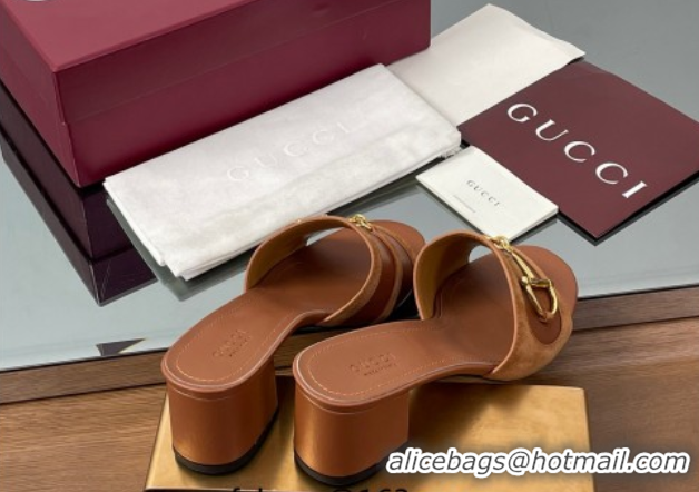 Luxury Cheap Gucci Heel Slides Sandal 5.5cm in Suede Trim and Lambskin with Horsebit Brown 0609091