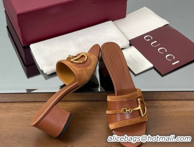Luxury Cheap Gucci Heel Slides Sandal 5.5cm in Suede Trim and Lambskin with Horsebit Brown 0609091