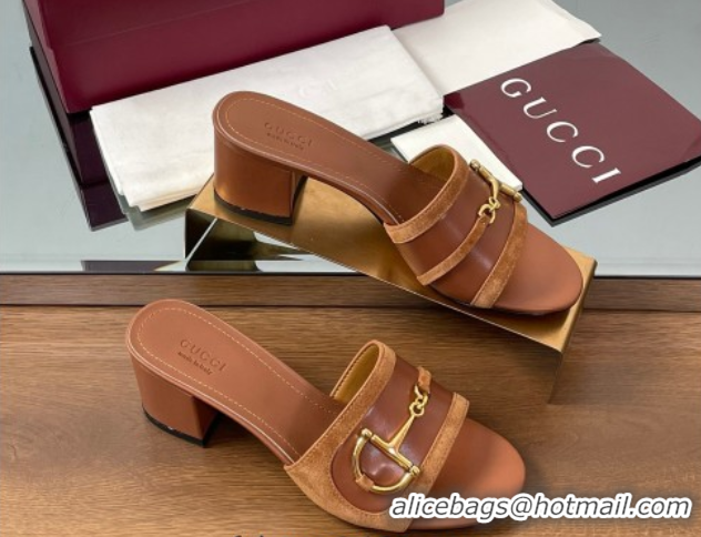 Luxury Cheap Gucci Heel Slides Sandal 5.5cm in Suede Trim and Lambskin with Horsebit Brown 0609091