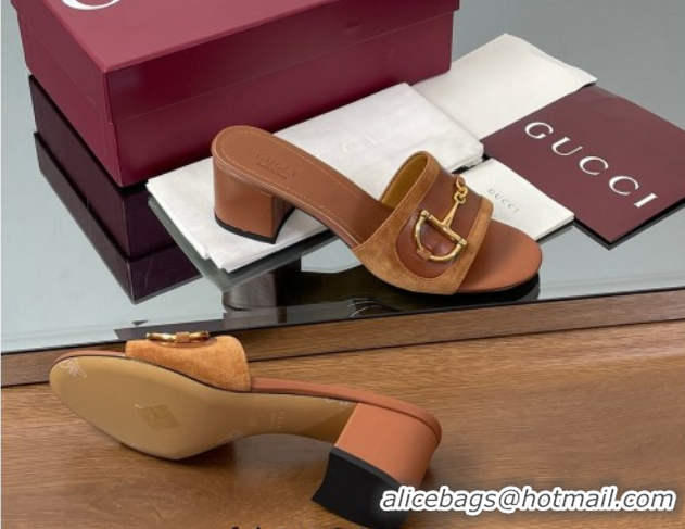 Luxury Cheap Gucci Heel Slides Sandal 5.5cm in Suede Trim and Lambskin with Horsebit Brown 0609091