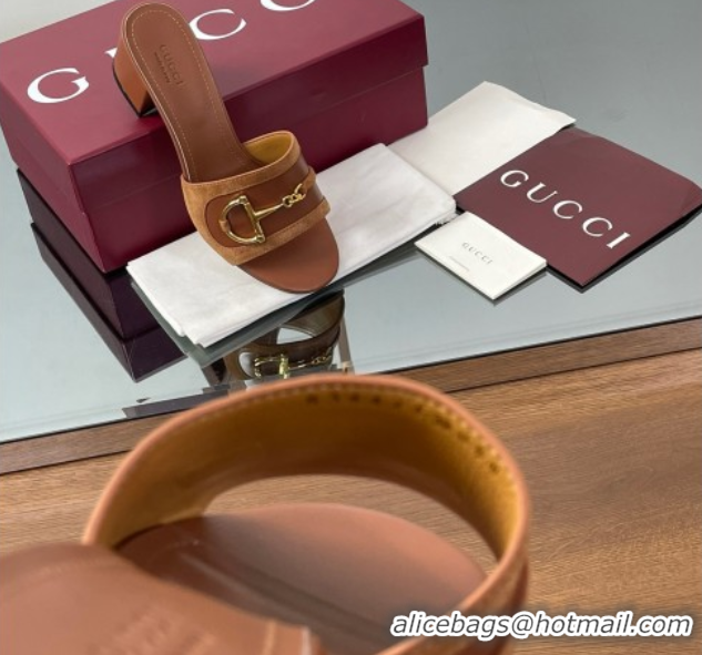 Luxury Cheap Gucci Heel Slides Sandal 5.5cm in Suede Trim and Lambskin with Horsebit Brown 0609091