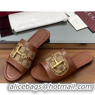 Luxury Gucci Flat Slides Sandal in GG Canvas and Lambskin with Horsebit Brown 0609092