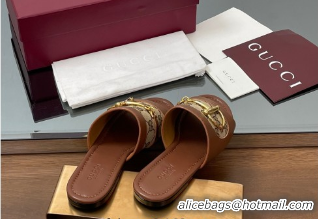 Luxury Gucci Flat Slides Sandal in GG Canvas and Lambskin with Horsebit Brown 0609092