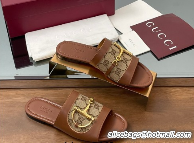 Luxury Gucci Flat Slides Sandal in GG Canvas and Lambskin with Horsebit Brown 0609092