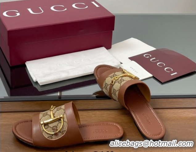 Luxury Gucci Flat Slides Sandal in GG Canvas and Lambskin with Horsebit Brown 0609092