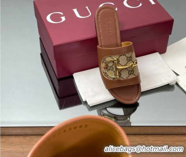 Luxury Gucci Flat Slides Sandal in GG Canvas and Lambskin with Horsebit Brown 0609092