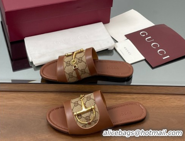 Luxury Gucci Flat Slides Sandal in GG Canvas and Lambskin with Horsebit Brown 0609092