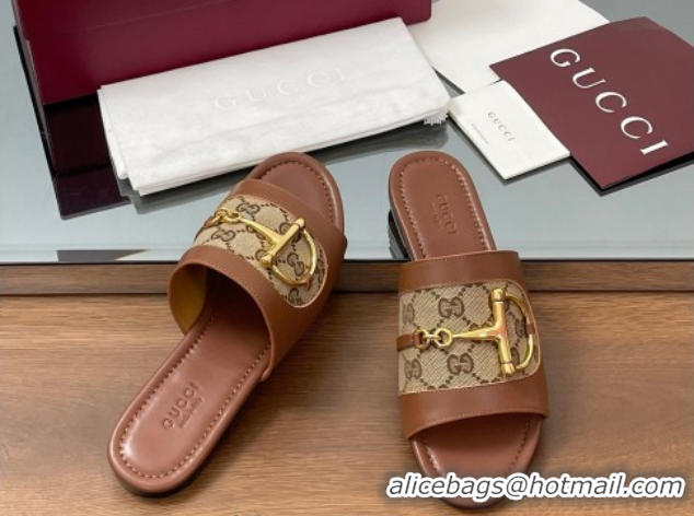 Luxury Gucci Flat Slides Sandal in GG Canvas and Lambskin with Horsebit Brown 0609092