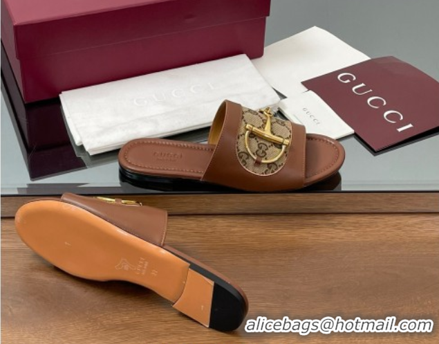 Luxury Gucci Flat Slides Sandal in GG Canvas and Lambskin with Horsebit Brown 0609092