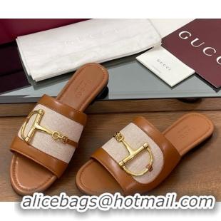 Grade Gucci Flat Slides Sandal in Canvas and Lambskin with Horsebit Beige/Brown 0609093