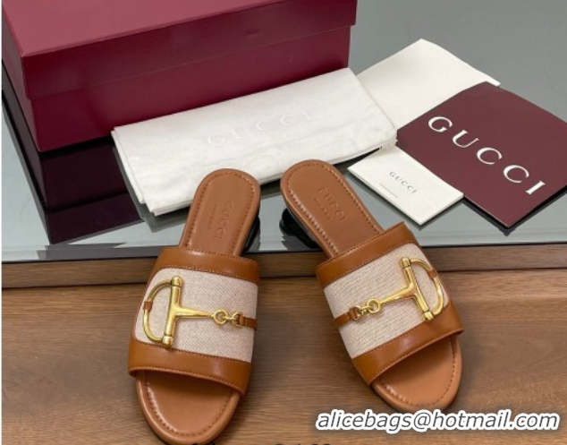 Grade Gucci Flat Slides Sandal in Canvas and Lambskin with Horsebit Beige/Brown 0609093