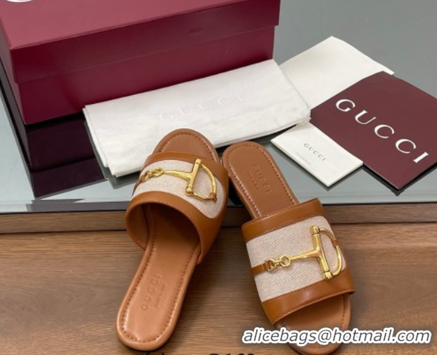 Grade Gucci Flat Slides Sandal in Canvas and Lambskin with Horsebit Beige/Brown 0609093