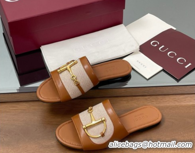 Grade Gucci Flat Slides Sandal in Canvas and Lambskin with Horsebit Beige/Brown 0609093