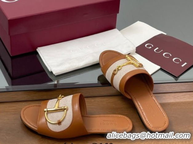 Grade Gucci Flat Slides Sandal in Canvas and Lambskin with Horsebit Beige/Brown 0609093