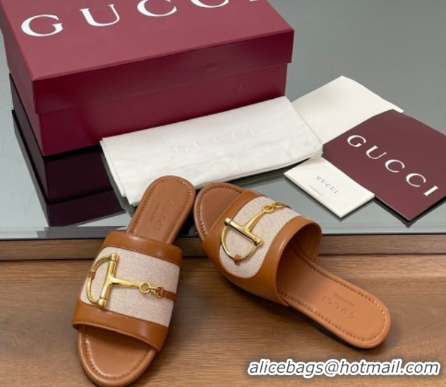 Grade Gucci Flat Slides Sandal in Canvas and Lambskin with Horsebit Beige/Brown 0609093