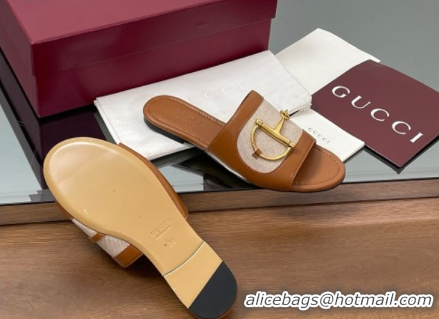 Grade Gucci Flat Slides Sandal in Canvas and Lambskin with Horsebit Beige/Brown 0609093
